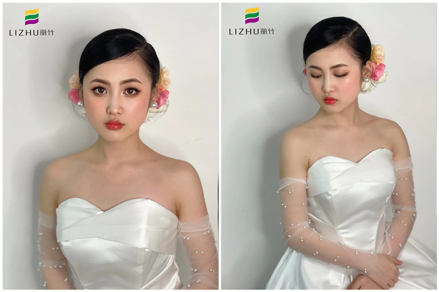 簡(jiǎn)約鮮花新娘妝容，廣西化妝學(xué)校新娘妝作品