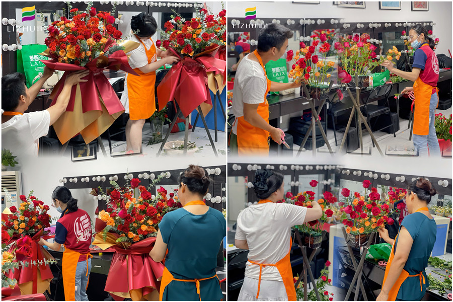 玫瑰開業(yè)花籃制作，廣西插花師學校學員作品