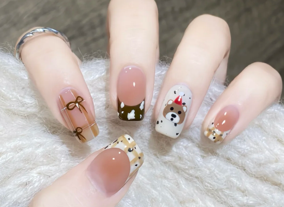 格紋手繪小熊美甲教程，南寧美甲教學(xué)分享